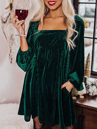 1960s Square Neck Puff Sleeve Velvet Pocket Babydoll Dress