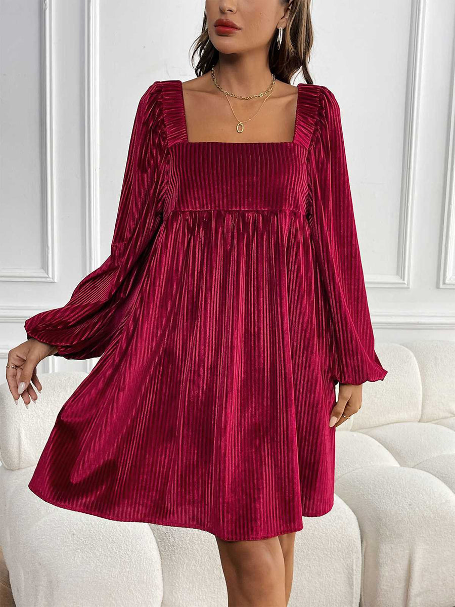 1960s Square Neck Puff Sleeve Velvet Pocket Babydoll Dress