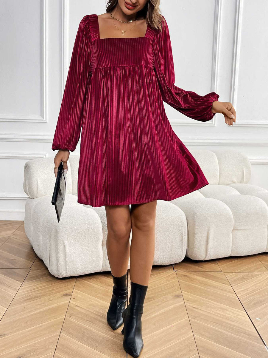 1960s Square Neck Puff Sleeve Velvet Pocket Babydoll Dress