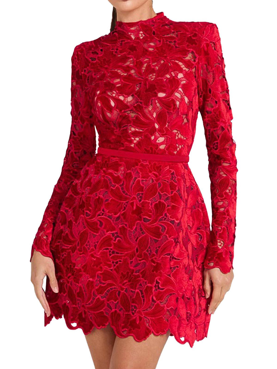 1960s Flocked Lace Half Turtleneck Dress