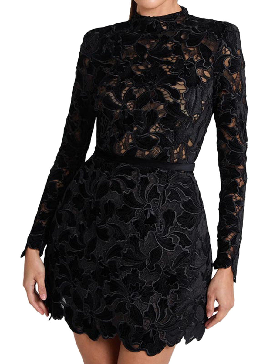 1960s Flocked Lace Half Turtleneck Dress