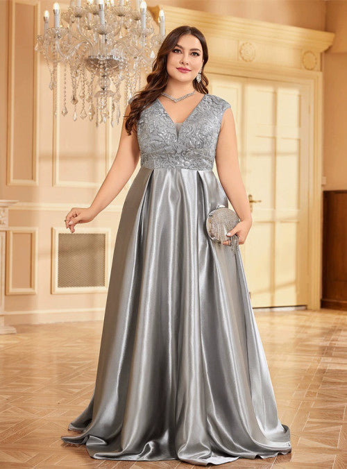 Plus Size Gray Satin V-neck Prom Dress