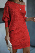 Solid Sequined Off Shoulder Loose Mini Dress