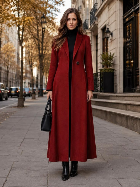 Women's Wool a Line Maxi Coat Elegant Tailored Trench Style Party Wear Coat