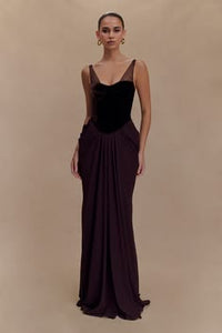 Elegant Roxanne Velvet Corset Maxi Dress Cacao 2025