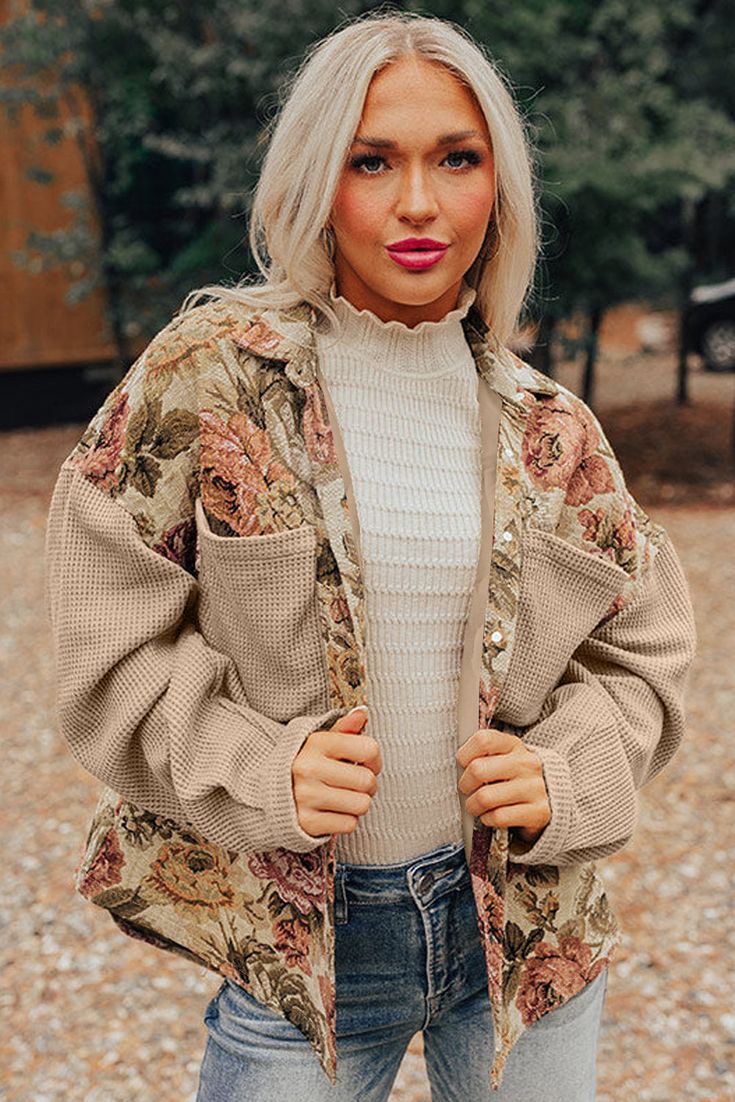 Waffle Knit Patchwork Chest Pockets Buttoned Jacket 100%Polyester