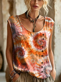 Women's Tie-Dye Sunburst Print Button Detail Sleeveless Top