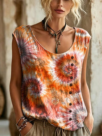 Women's Tie-Dye Sunburst Print Button Detail Sleeveless Top