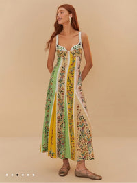 Farm Rio Delicate Floral Stripes Linen Maxi Dress, Nwt