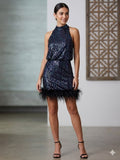 Sequin Halter Mini Dress with Feather Hem
