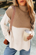 Parchment Cable Knit Color Block Side Splits High Neck Sweater Parchment Cotton+