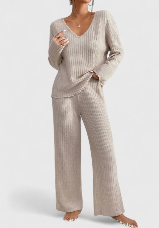 Eva | Women's Ribbed Wide Leg Two-Piece Trouser Set