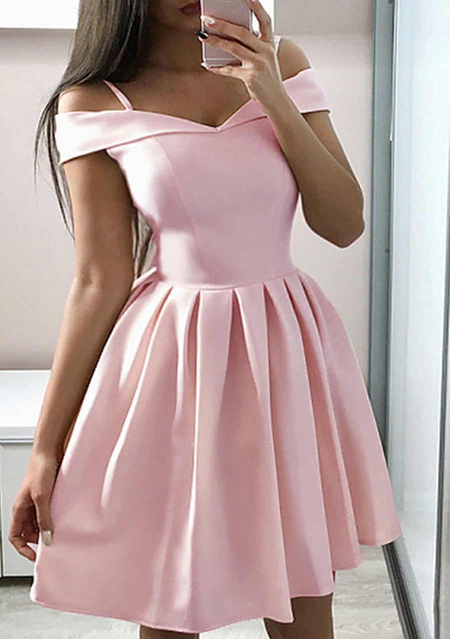 A-line Off Shoulder V-neck Pink Satin Short Mini Homecoming Dress