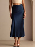 19Momme Silk High Waist Elegant Maxi Skirt - Dark Blue / L(10/12)