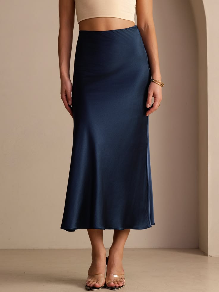 19Momme Silk High Waist Elegant Maxi Skirt - Dark Blue / L(10/12)