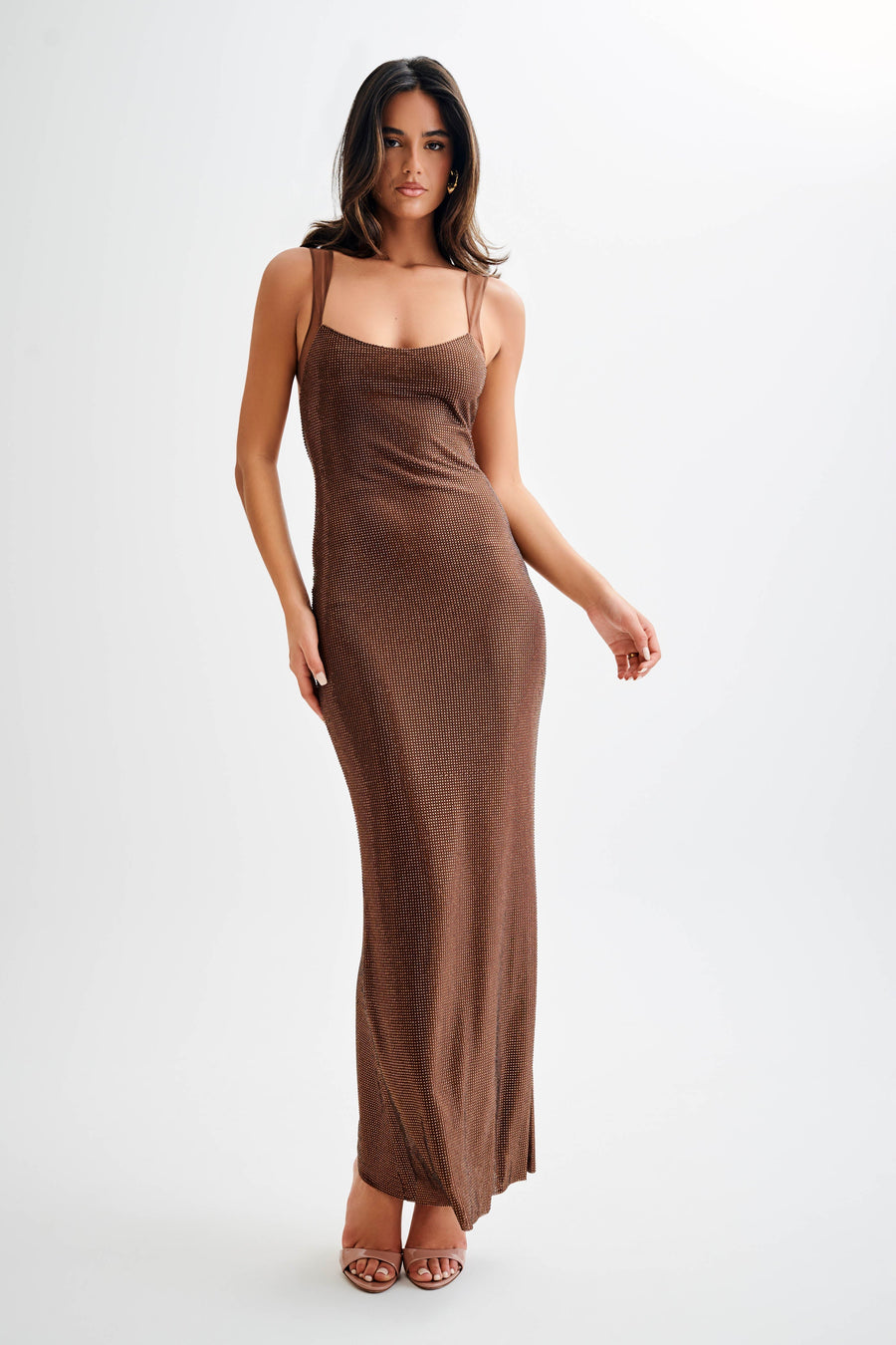 Jasmyn Hot Fix Maxi Dress with Mesh Back Chocolate