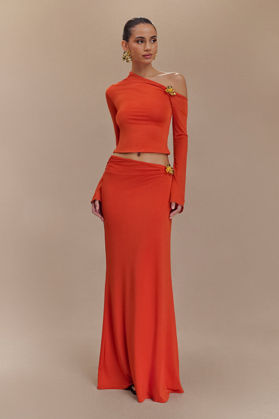 Ainsley Asymmetrical Maxi Dress in Burnt Orange