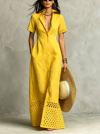 StyleWe Women Casual Maxi Dress Natural X-Line Shirt Collar Short Sleeve Cotton And Linen Regular Sleeve All Season For Daily