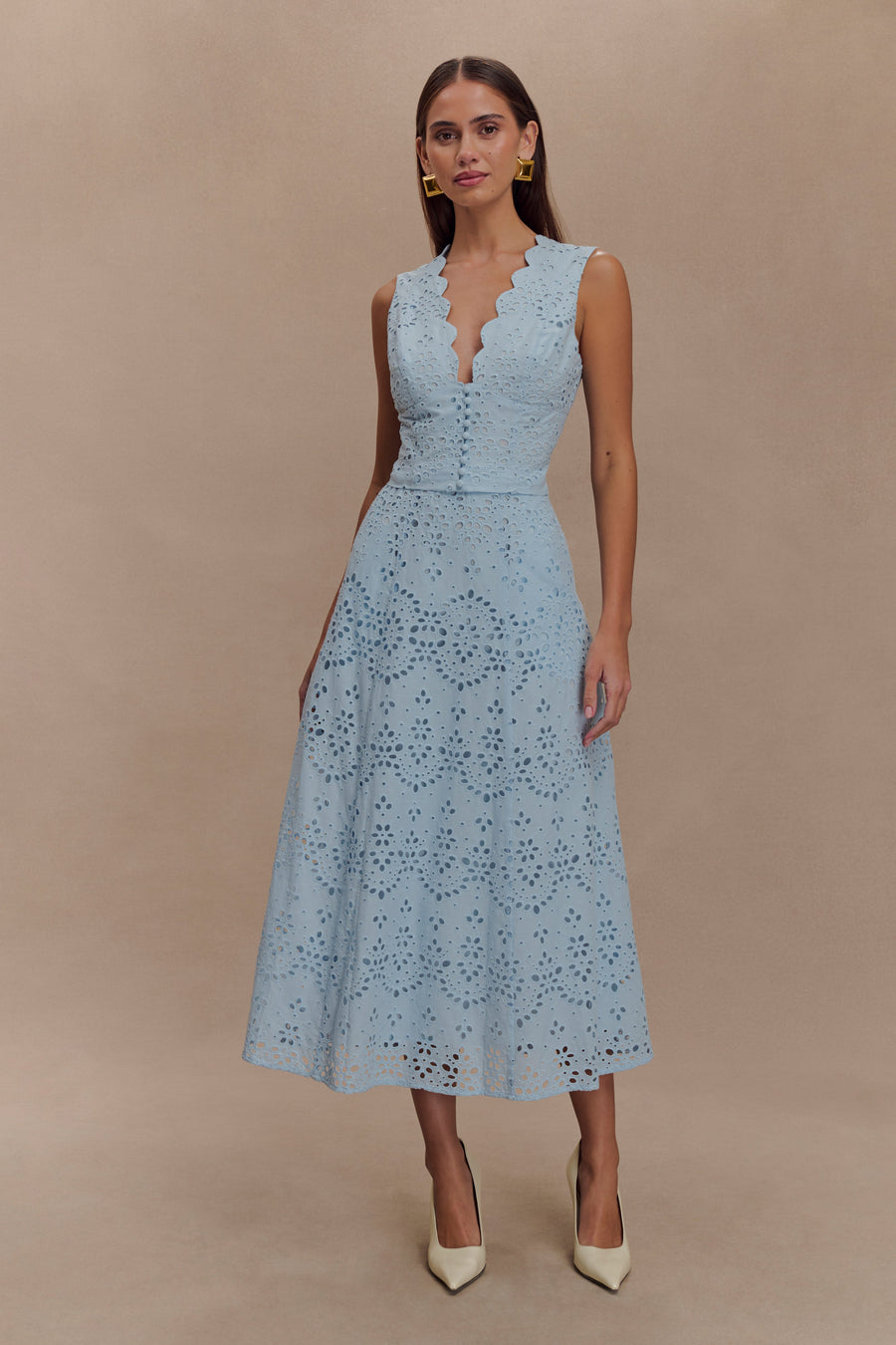 Arla Broderie Midi Skirt in Pale Cornflower