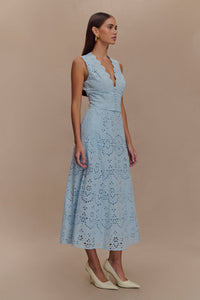 Arla Broderie Midi Skirt in Pale Cornflower