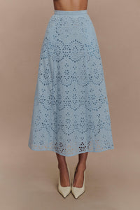 Arla Broderie Midi Skirt in Pale Cornflower