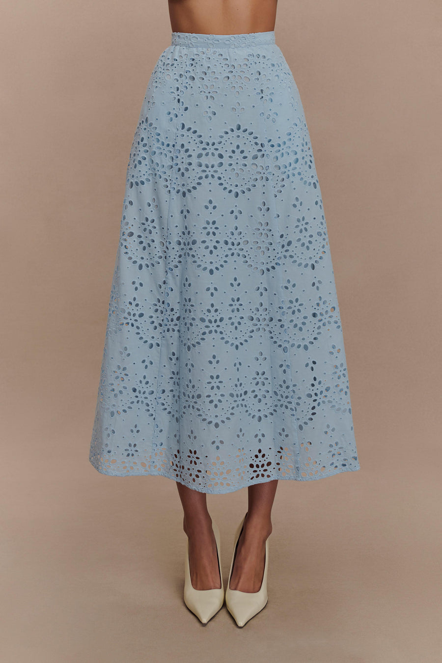 Arla Broderie Midi Skirt in Pale Cornflower