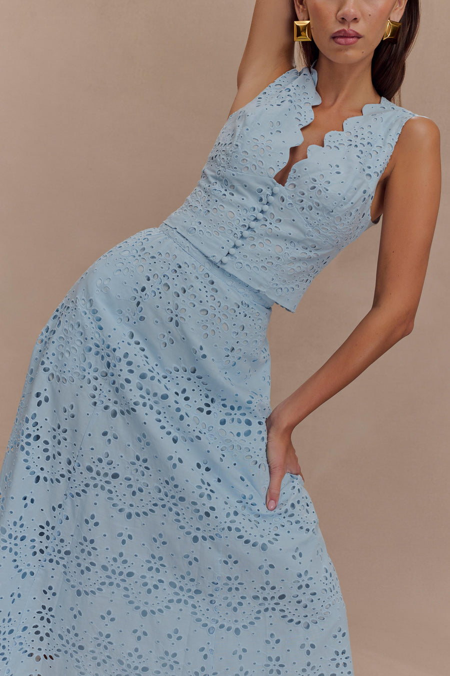 Arla Broderie Midi Skirt in Pale Cornflower