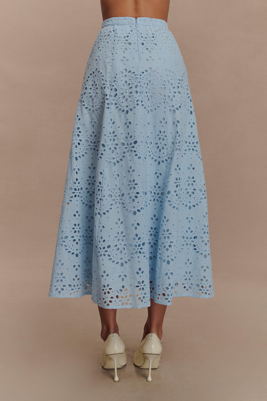 Arla Broderie Midi Skirt in Pale Cornflower