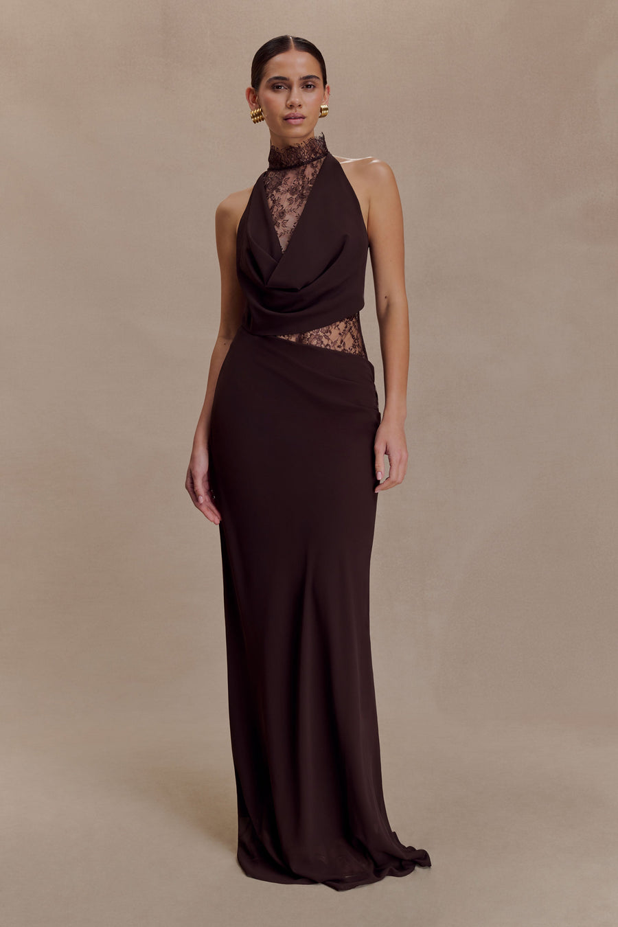 Arra Chiffon & Lace Halter Maxi Dress in Plum