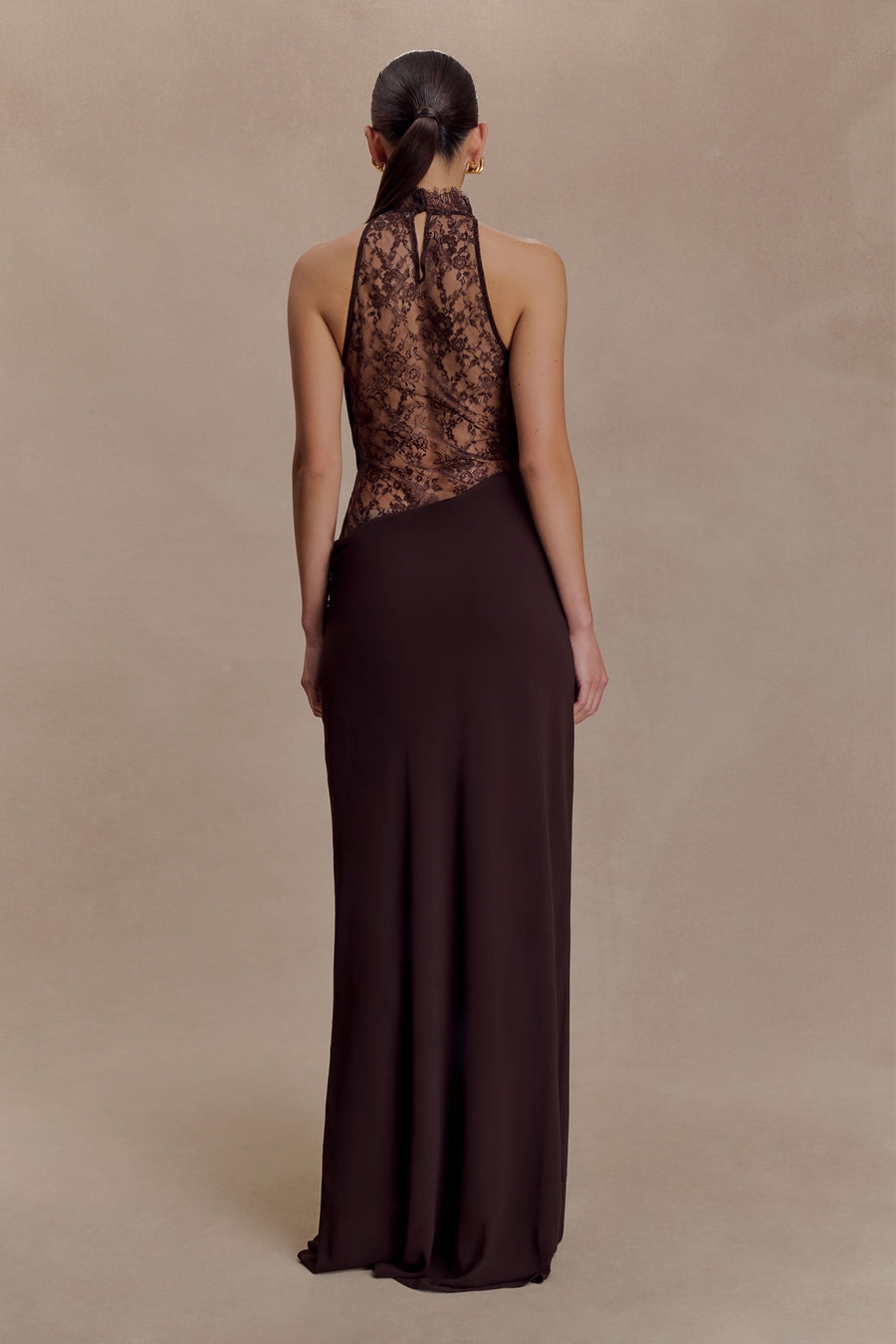Arra Chiffon & Lace Halter Maxi Dress in Plum