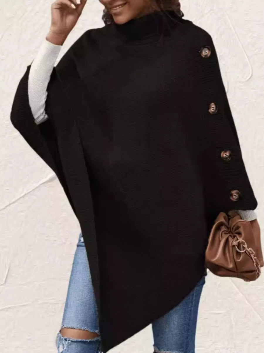 Button Decor Turtleneck Poncho Pullover