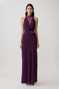 Arra Chiffon & Lace Halter Maxi Dress in Plum