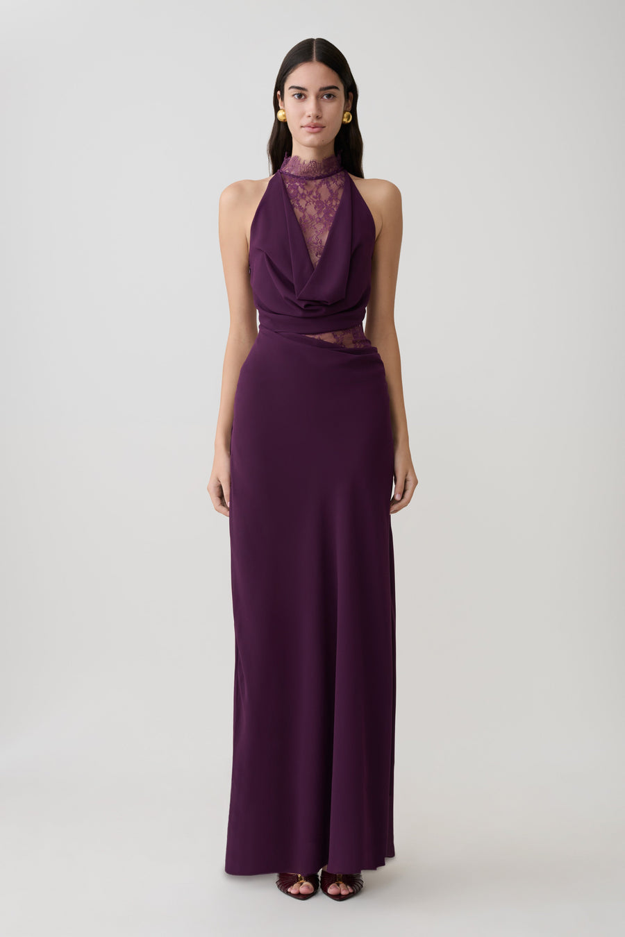 Arra Chiffon & Lace Halter Maxi Dress in Plum