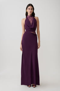 Arra Chiffon & Lace Halter Maxi Dress in Plum