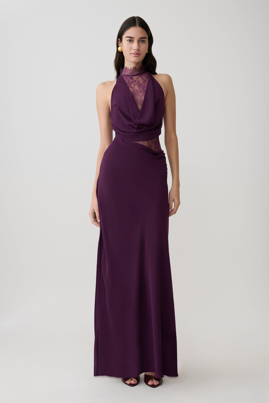 Arra Chiffon & Lace Halter Maxi Dress in Plum
