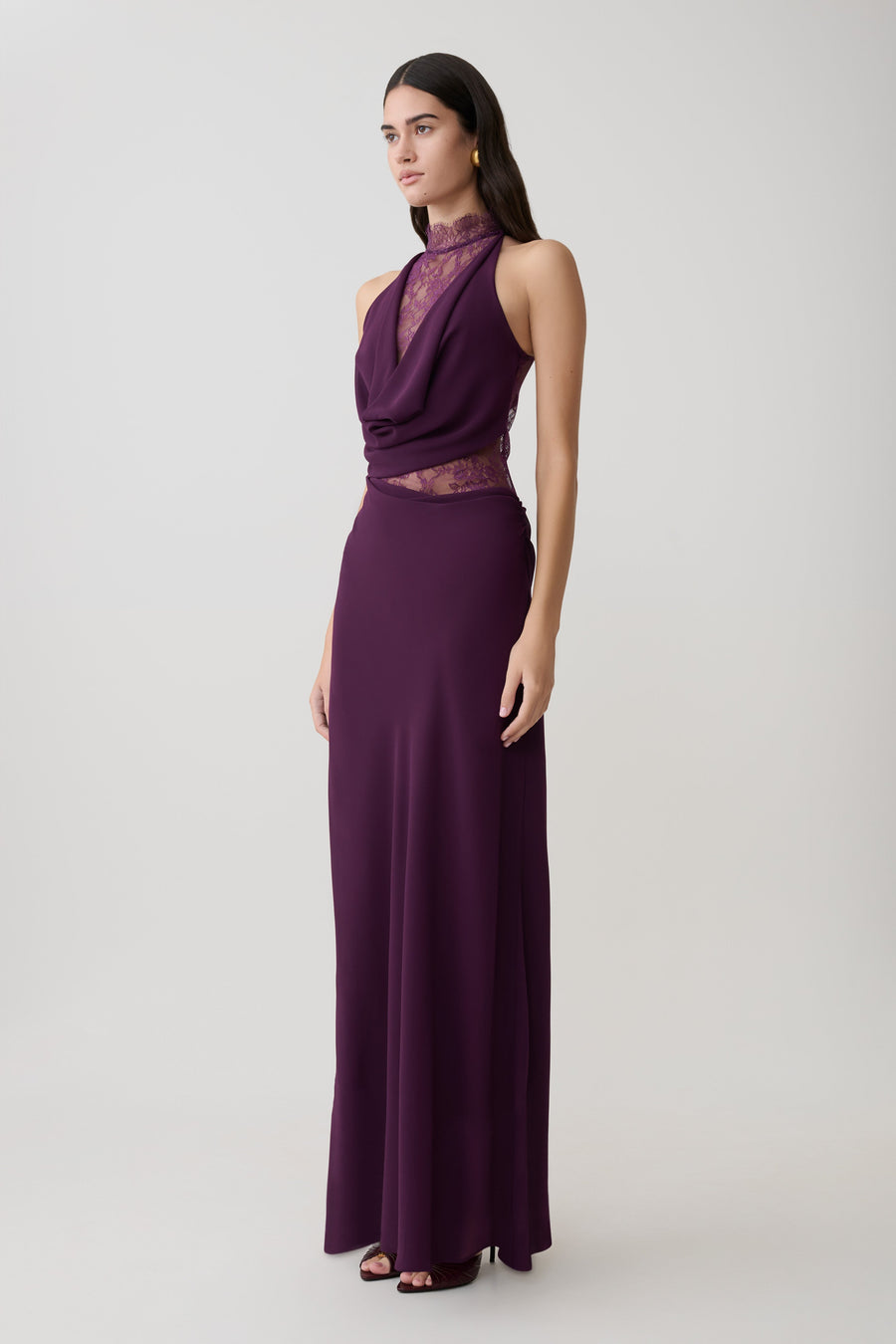 Arra Chiffon & Lace Halter Maxi Dress in Plum