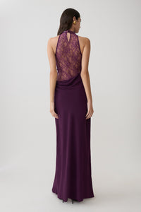 Arra Chiffon & Lace Halter Maxi Dress in Plum