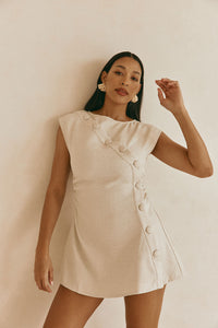 Leighton Button Flared Mini Dress in Beige