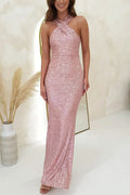 Sequin Cross Halter Neck Mermaid Flare Maxi Gown