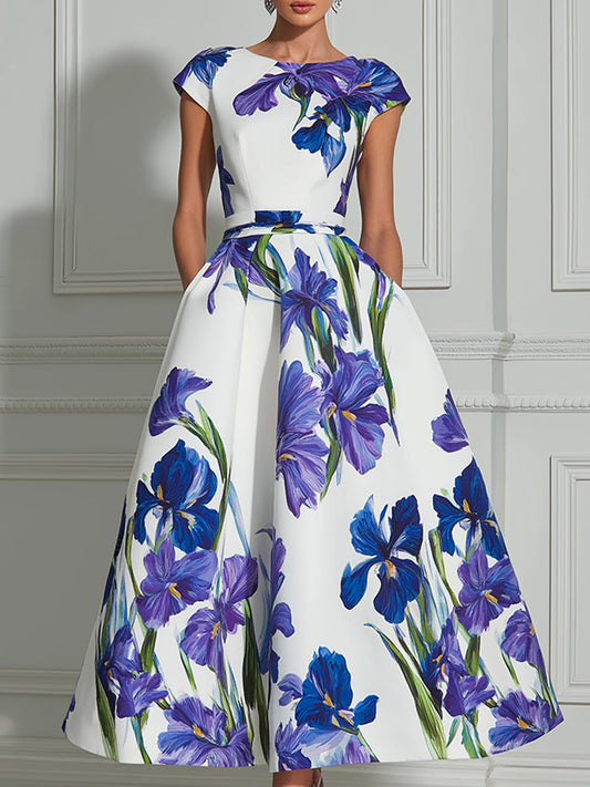 Elegant Iris Floral A-Line Midi Dress