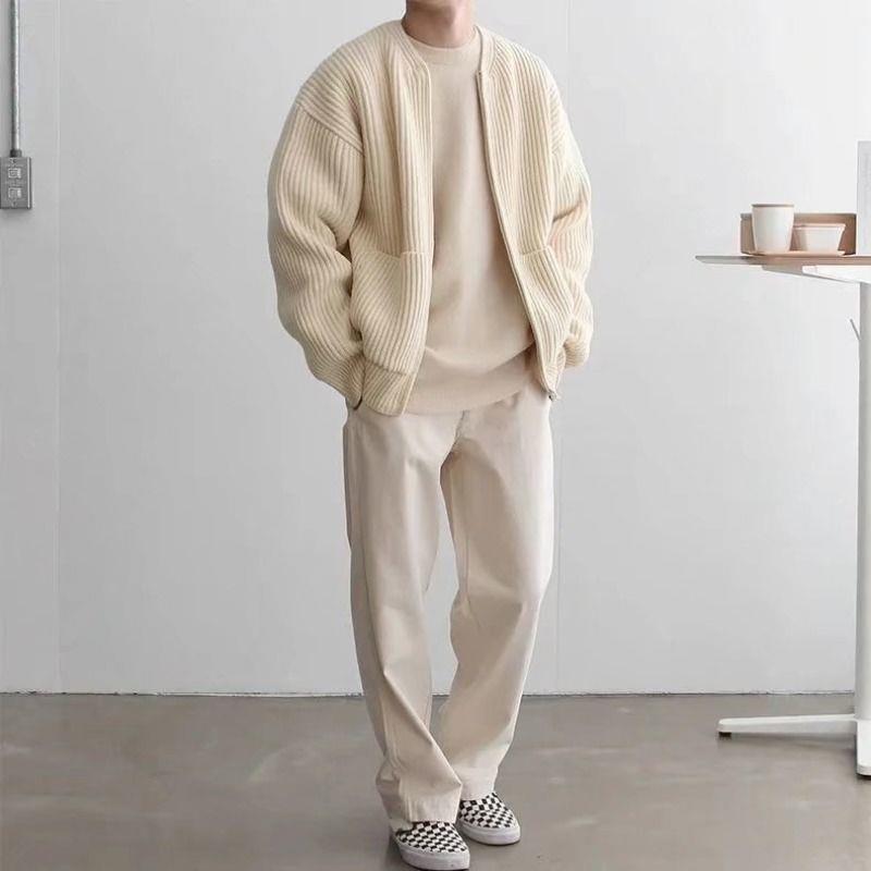 Men's Long Sleeve Crew Neck Zip-Up Ribbed Knit Cardigan with Pockets