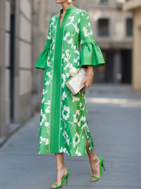 Green Floral V-Neck Flared Sleeve Maxi Dress
