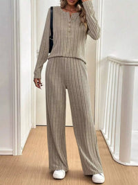 Ribbed Knit Button Front Top and Pants Set
