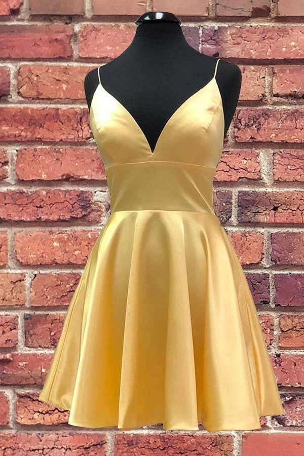 Promfast Yellow V Neck Satin Straps Homecoming Dresses Short Prom Dress PFP1920