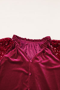Dahlia Sequin Patchwork Sleeve Button Up Velvet Top