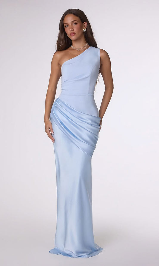 Amoris by Ladivine T748 Satin Evening Gown – One Shoulder Ruched Mermaid - 2X / Light Blue