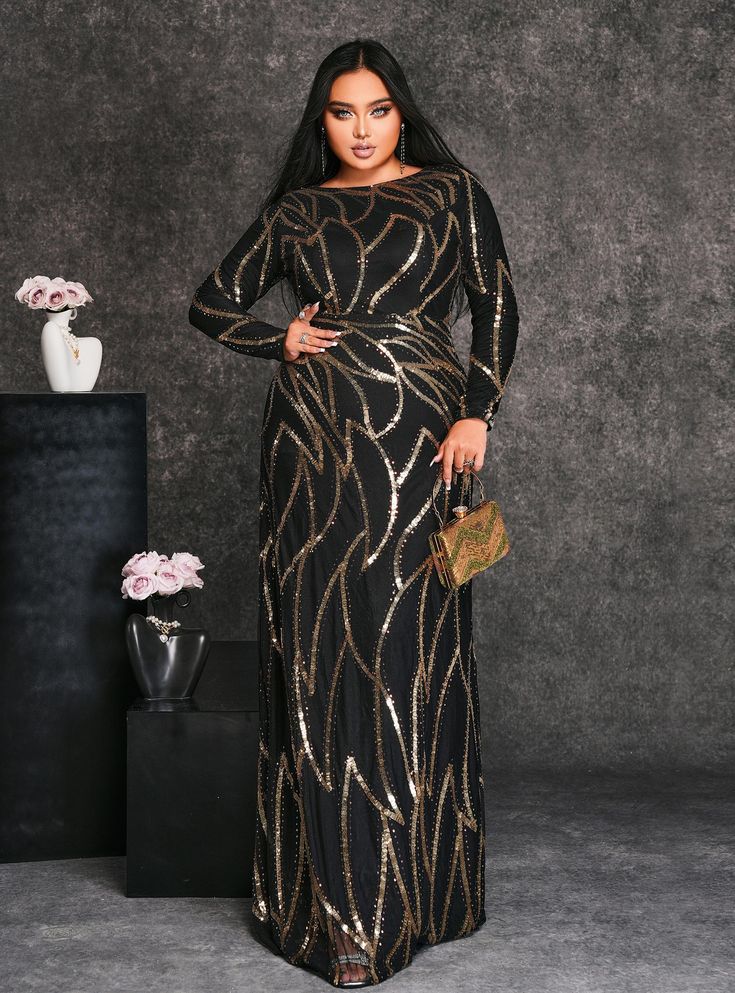 Long Sleeve Sequins Plus Prom Dress