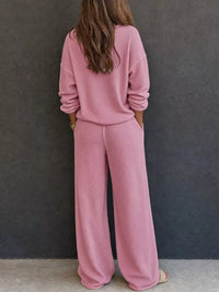Waffle Knit Henley Top and Wide Leg Pants Set