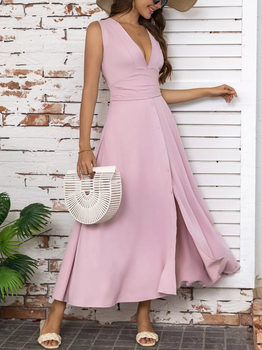 Slit V-Neck Sleeveless Dress