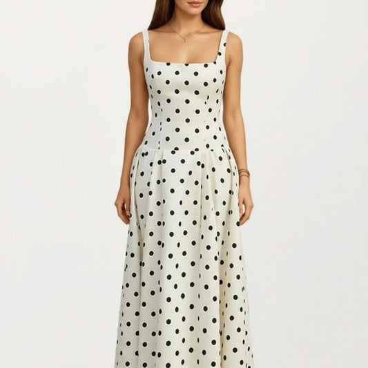 Anna-Kaci Women's Polka Dot Midi Dress with Square Neckline Wide Straps Fitted Bodice Pleated A Line Skirt Silhouette - X Large, White
